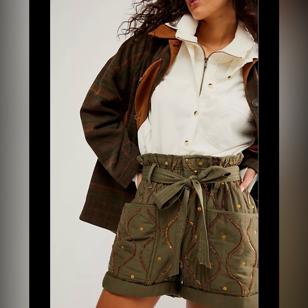Free People Olive Embroidered Tie-Waist Shorts with Ivory Top
